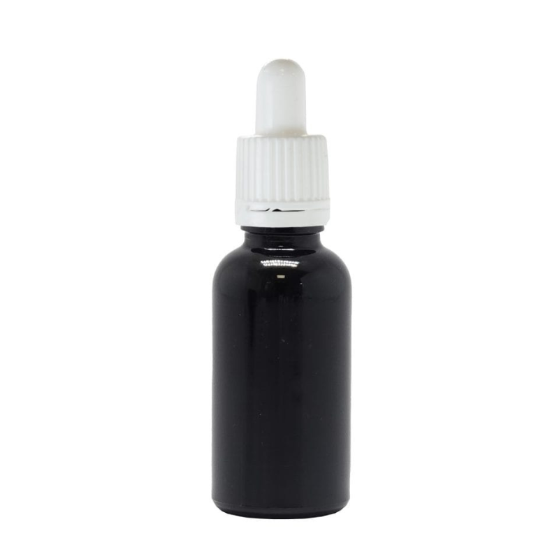 Product image of Black Glass Aromatherapy Bottle 18mm Neck With Pipette Top White
