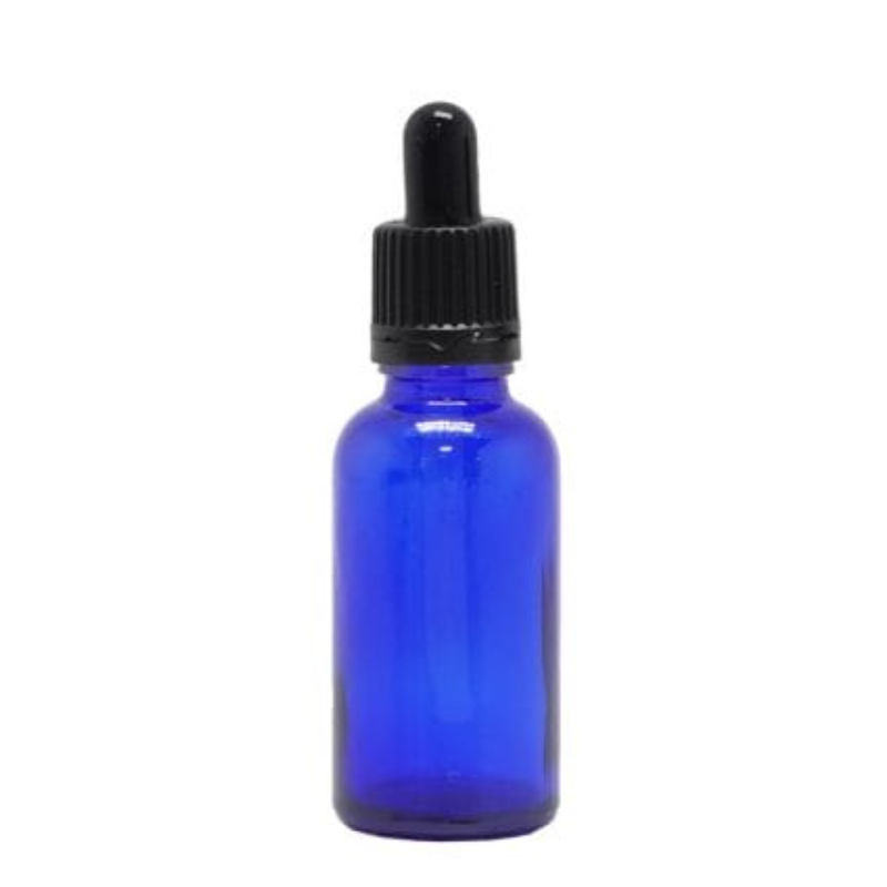 Product image of Blue Glass Aromatherapy Bottle 18mm Neck With Pipette Top Black