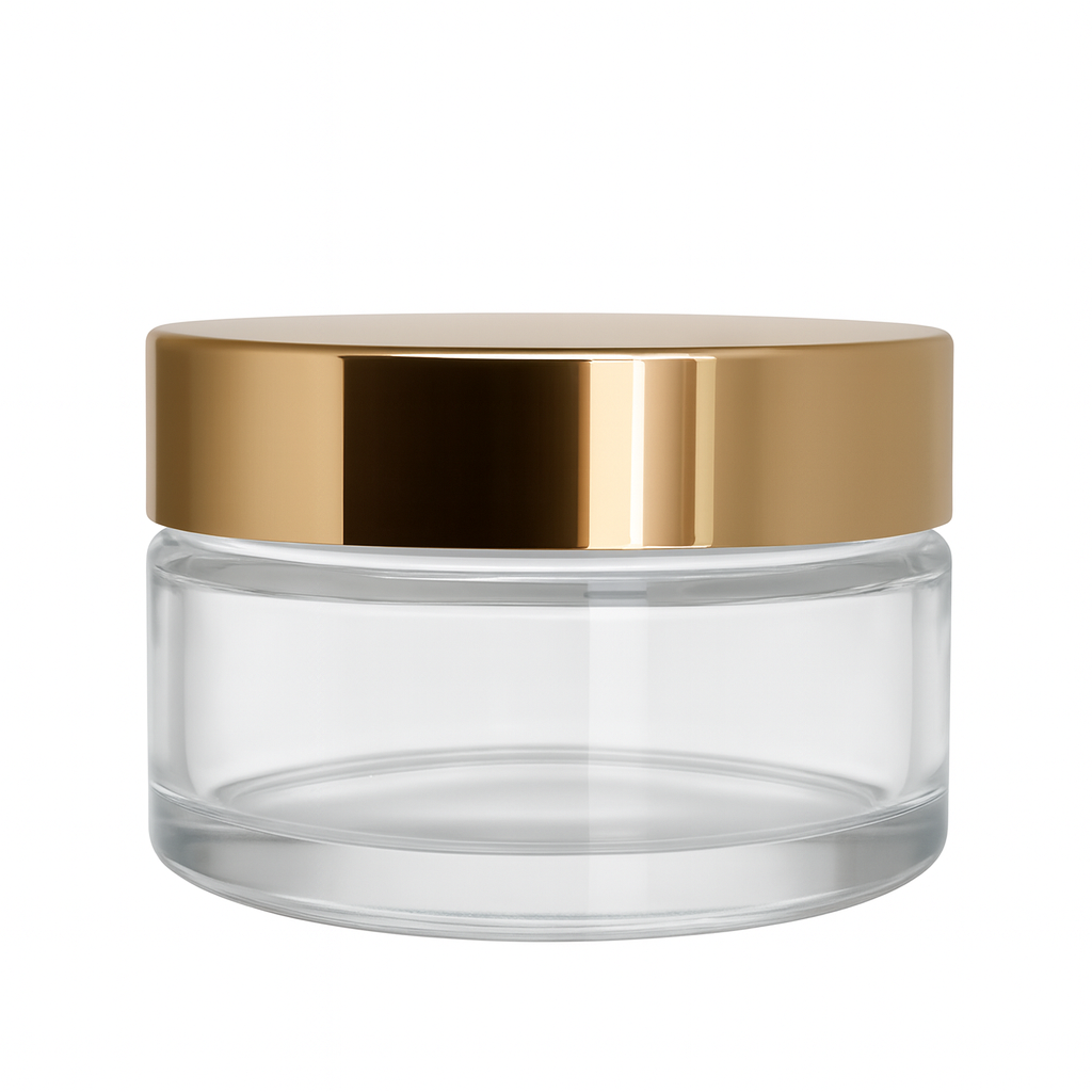 Clear Glass Ointment Jar With Shiny Gold Cap 58mm Neck