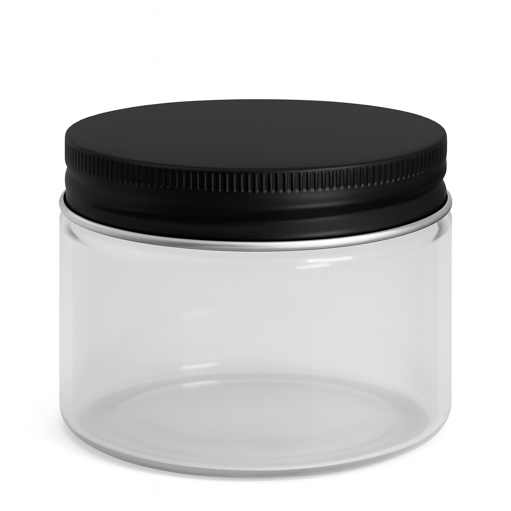 Clear Glass Ointment Jar With Black Aluminium Cap 58mm Neck