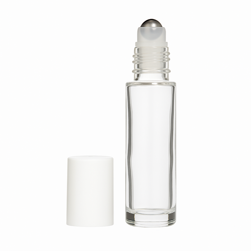 10ml Clear Glass Roll On Bottle With Metal Roll On Ball & Cap