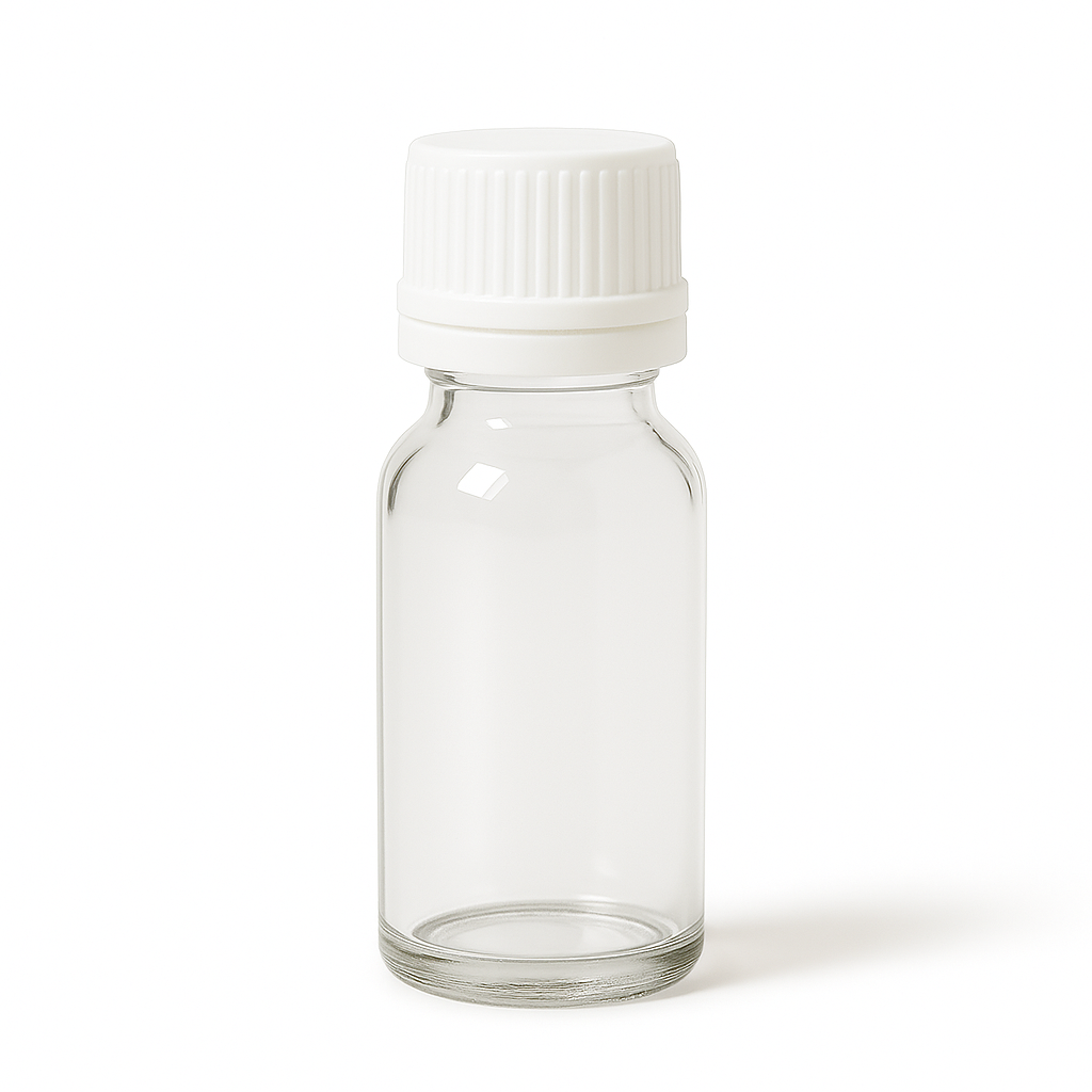 Product image of Clear Glass Aromatherapy Bottle 18mm Neck With White Fast Flow Dropper Cap