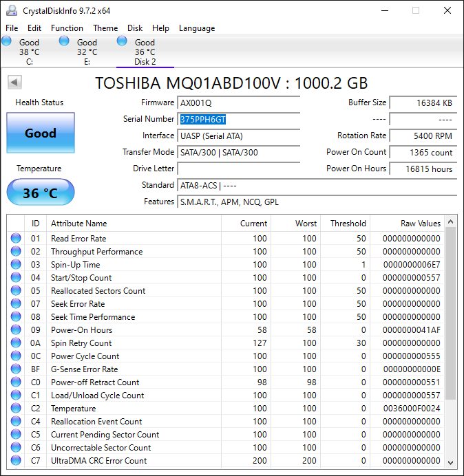 Toshiba 1TB 2.5" SATA Laptop Hard Drive – Second Hand