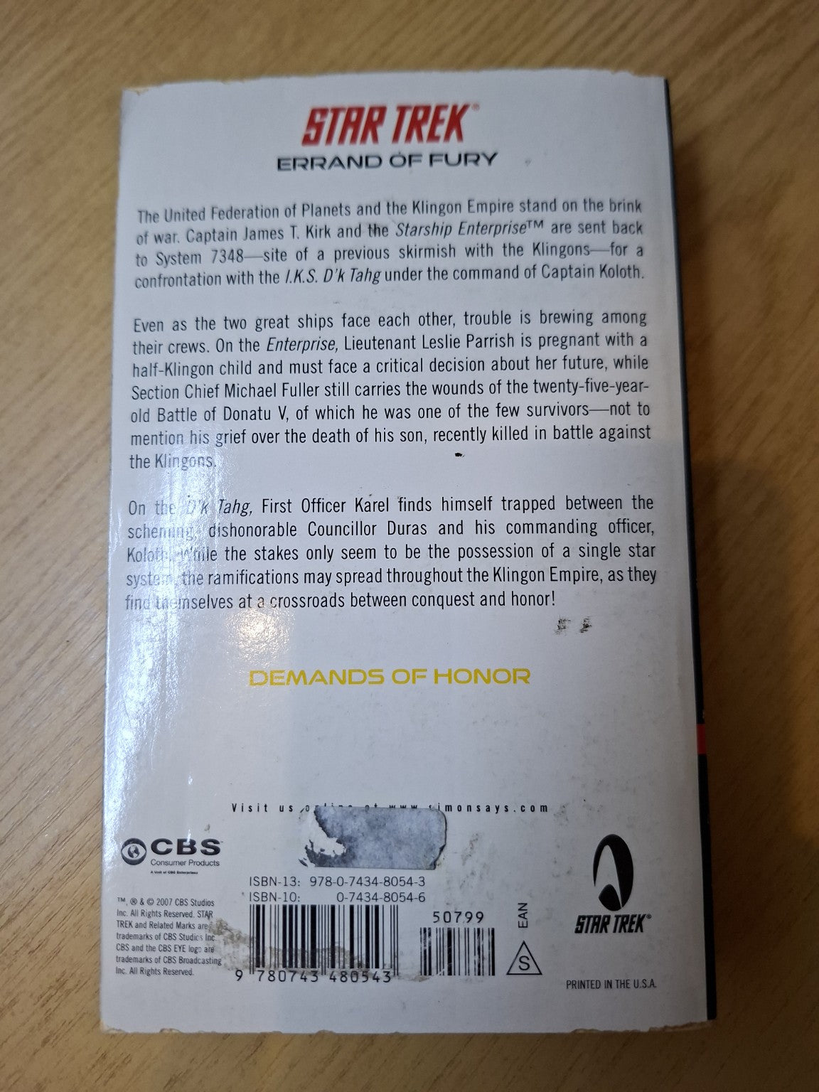 Star Trek: Errand of Fury – Book 2: Demands of Honor – Kevin Ryan (Second Hand)