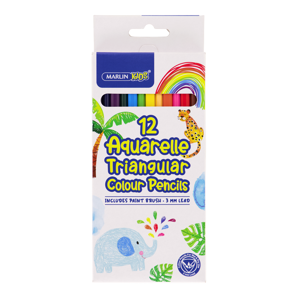 Marlin Kids Aquarelle Triangular Colour Pencils 12's + Brush  (036D)