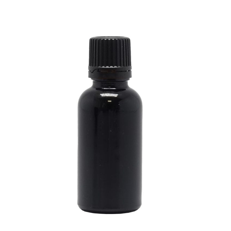 Product image of Black Glass Aromatherapy Bottle 18mm Neck With Black Fast Flow Dropper Cap