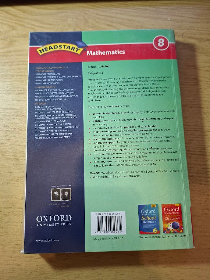 Oxford Headstart Maths Gr8 LB (CAPS) (Second Hand) ISBN/SKU: 9780199059034 (SH)