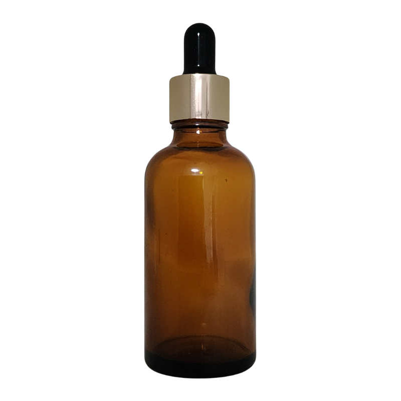 Amber Glass Aromatherapy Bottle 18mm Neck With Pipette Top Gold Collar Black Teat