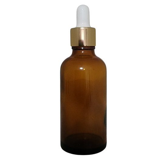 Amber Glass Aromatherapy Bottle 18mm Neck With Pipette Top Gold Collar White Teat