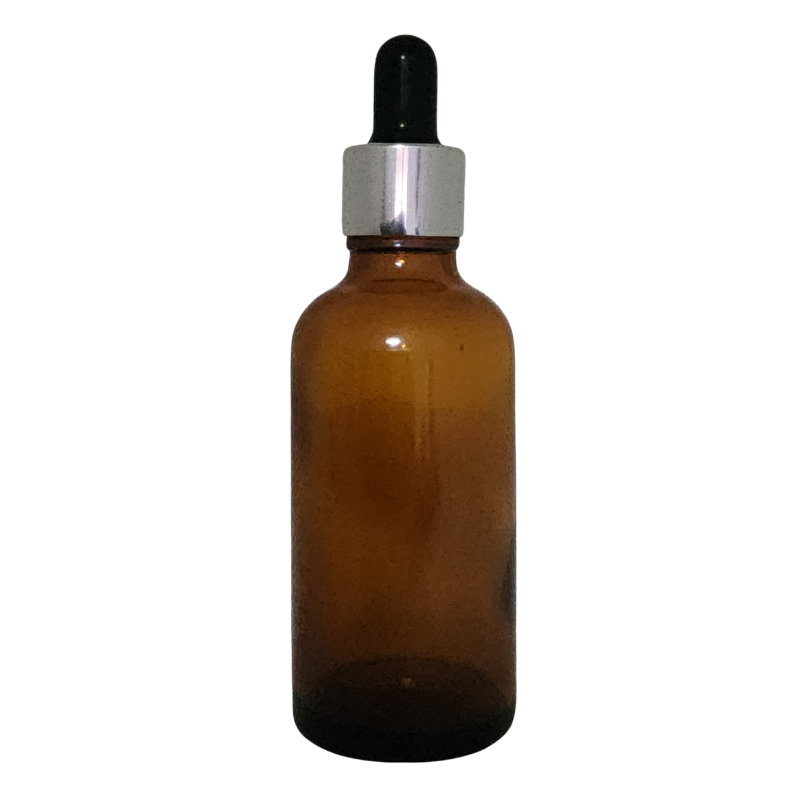 Amber Glass Aromatherapy Bottle 18mm Neck With Pipette Top Silver Collar Black Teat