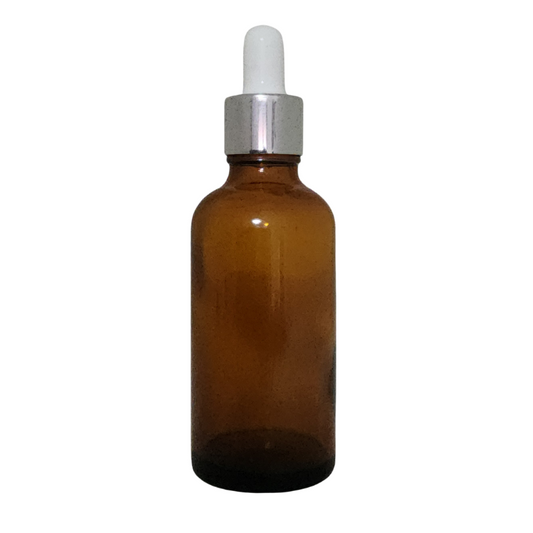 Amber Glass Aromatherapy Bottle 18mm Neck With Pipette Top Silver Collar White Teat