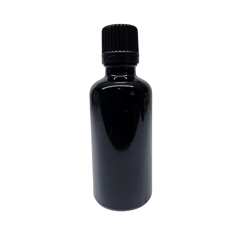 Black Glass Aromatherapy Bottle 18mm Neck With Black Fast Flow Dropper Cap