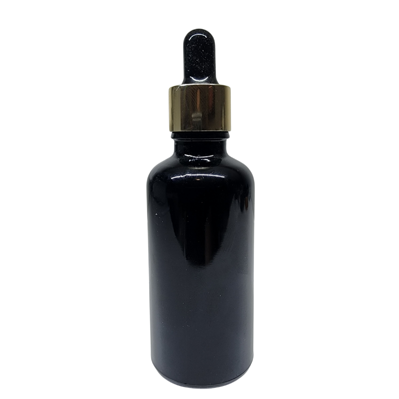 Black Glass Aromatherapy Bottle 18mm Neck With Pipette Top Gold Collar Black Teat