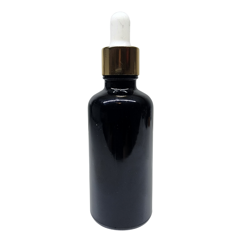 Black Glass Aromatherapy Bottle 18mm Neck With Pipette Top Gold Collar White Teat