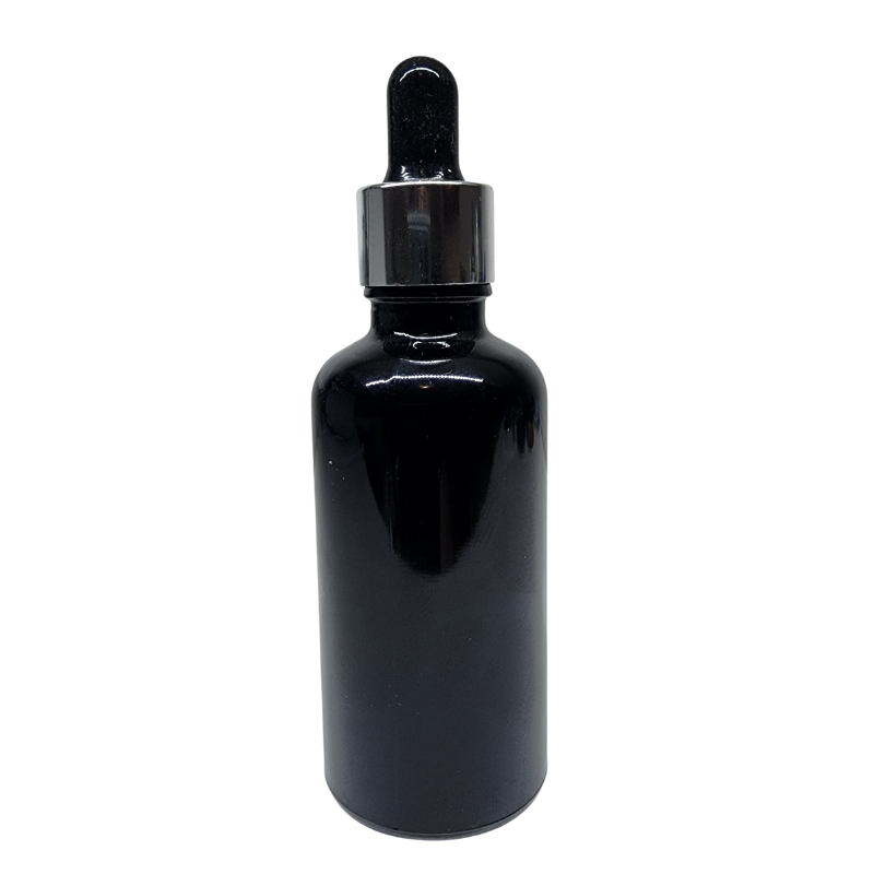 Black Glass Aromatherapy Bottle 18mm Neck With Pipette Top Silver Collar Black Teat