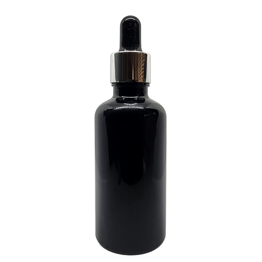 Black Glass Aromatherapy Bottle 18mm Neck With Pipette Top Silver Collar White Teat