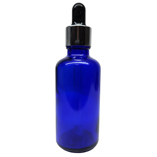 Blue Glass Aromatherapy Bottle 18mm Neck With Pipette Top Silver Collar Black Teat