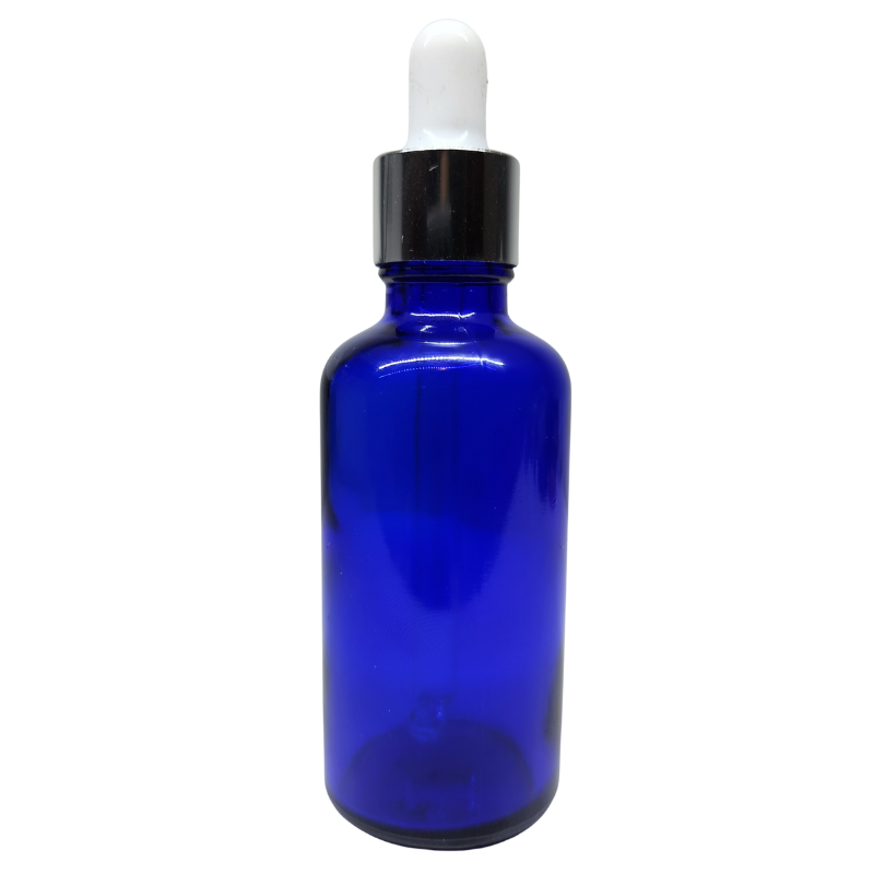 Blue Glass Aromatherapy Bottle 18mm Neck With Pipette Top Silver Collar White Teat