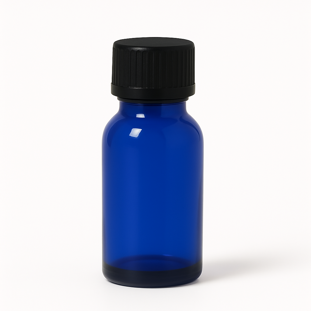 Product image of Blue Glass Aromatherapy Bottle 18mm Neck With Black Screw Cap