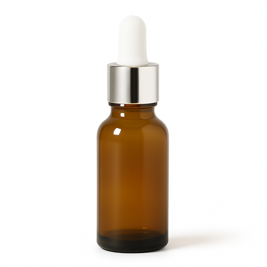 Product image of Amber Glass Aromatherapy Bottle 18mm Neck With Pipette Top Silver Collar White Teat