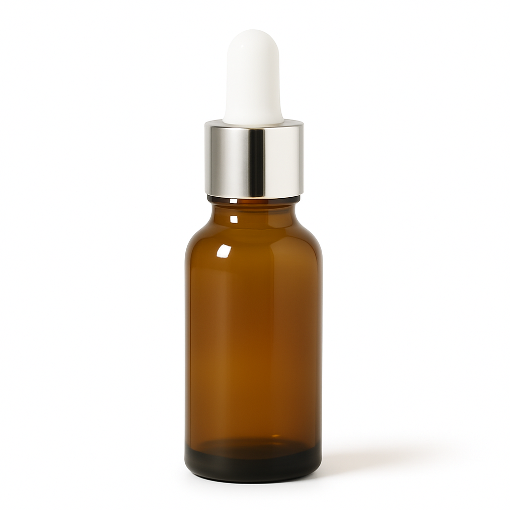 Product image of Amber Glass Aromatherapy Bottle 18mm Neck With Pipette Top Silver Collar White Teat
