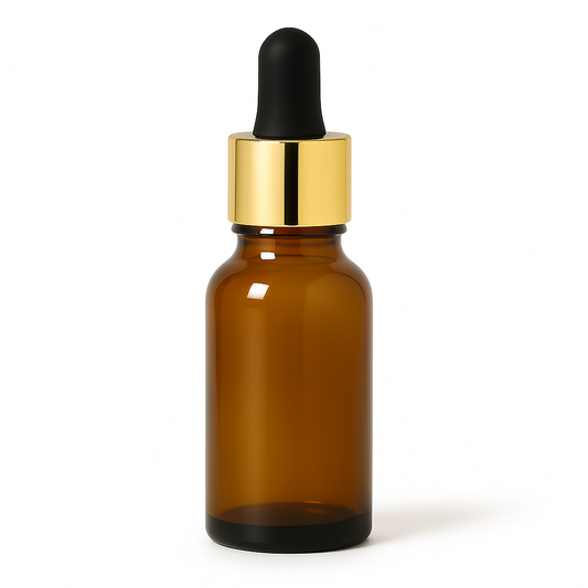 Product image of Amber Glass Aromatherapy Bottle 18mm Neck With Pipette Top Gold Collar Black Teat