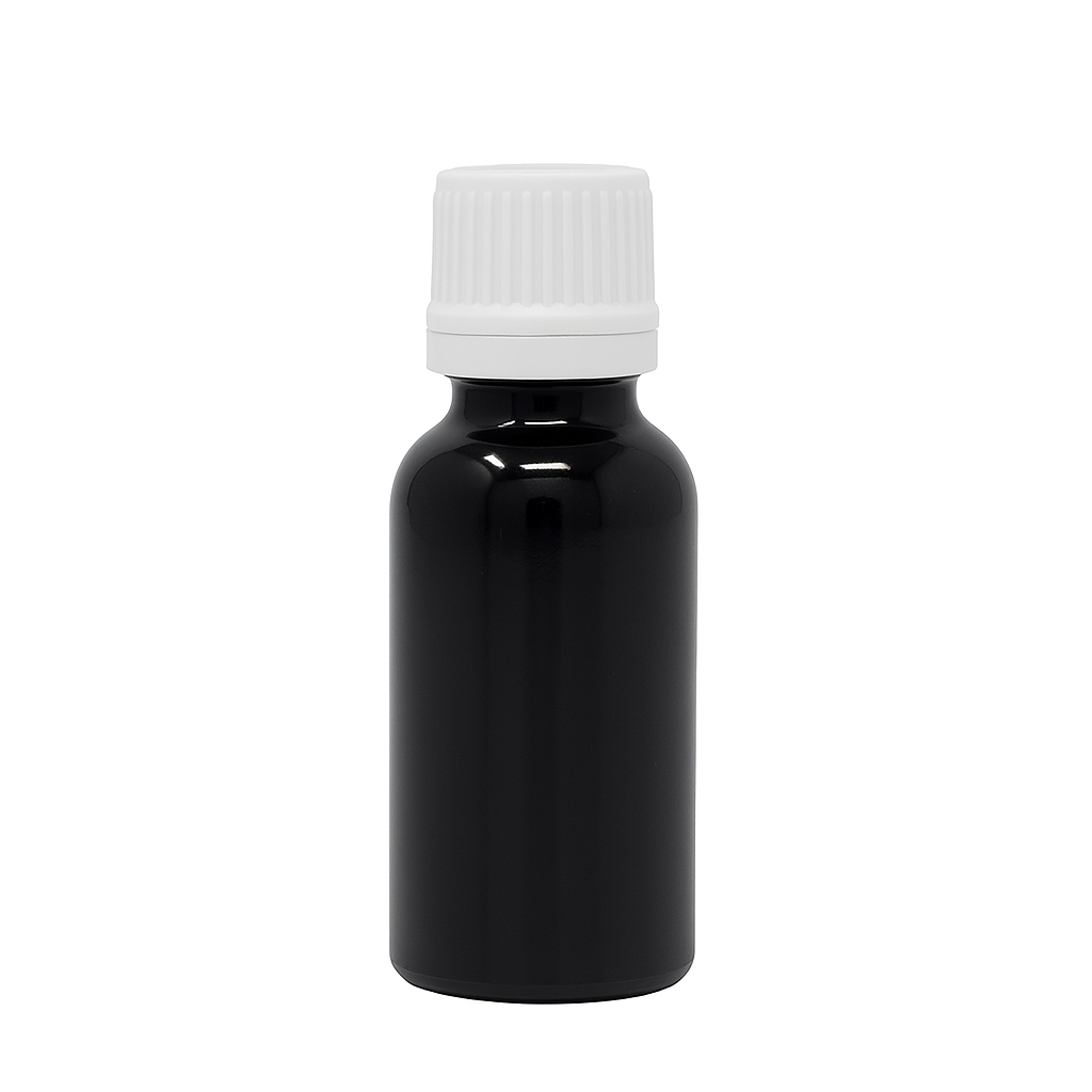 Product image of Black Glass Aromatherapy Bottle 18mm Neck With White Fast Flow Dropper Cap