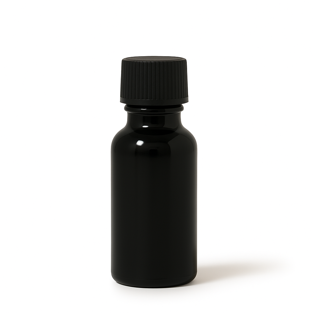 Product image of Black Glass Aromatherapy Bottle 18mm Neck With Black Screw Cap