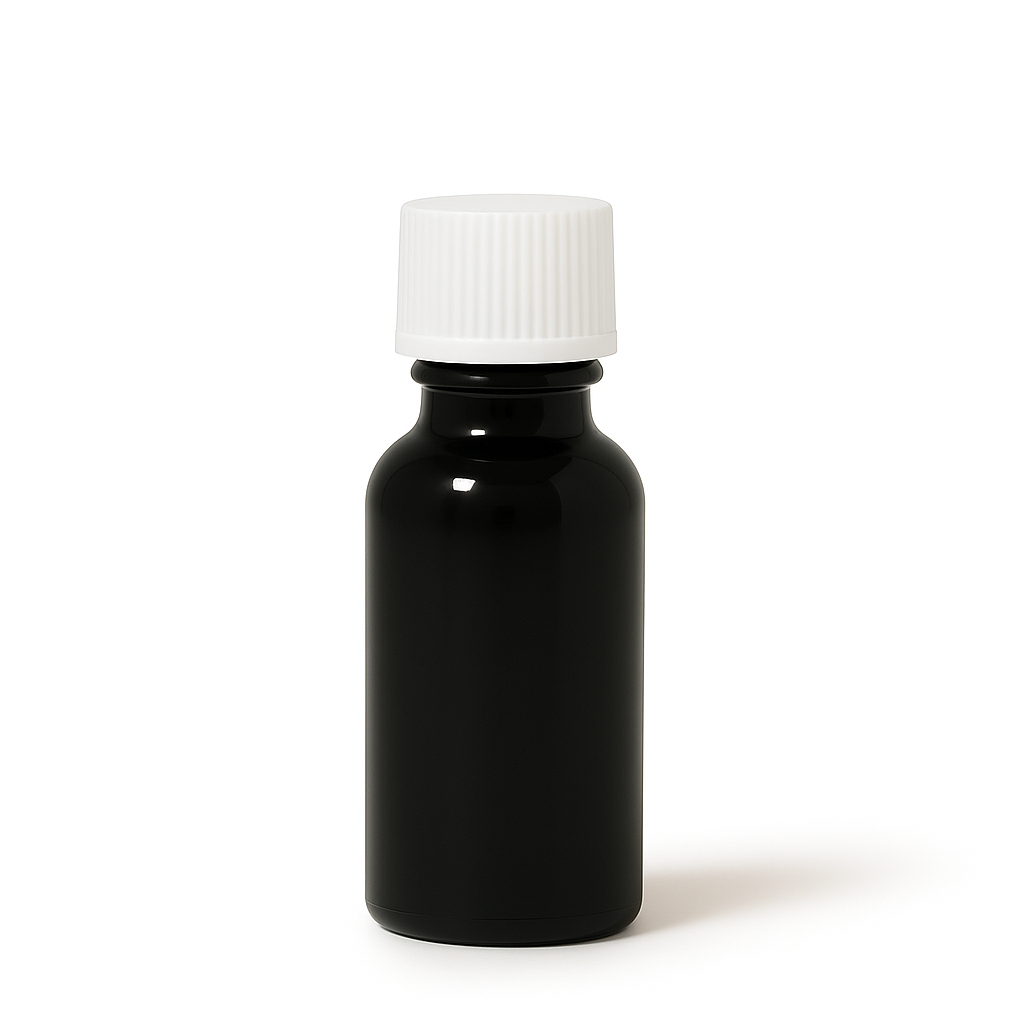 Product image of Black Glass Aromatherapy Bottle 18mm Neck With White Screw Cap