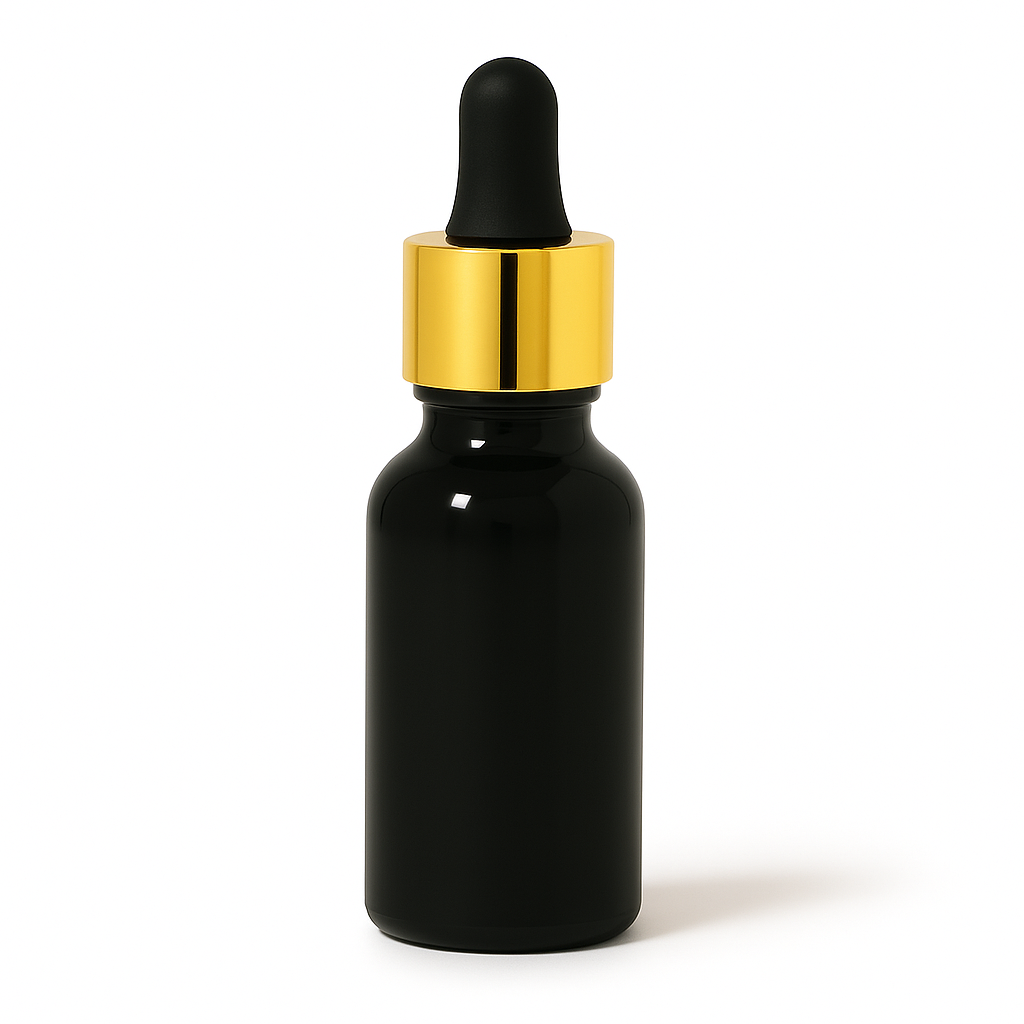 Product image of Black Glass Aromatherapy Bottle 18mm Neck With Pipette Top Gold Collar Black Teat