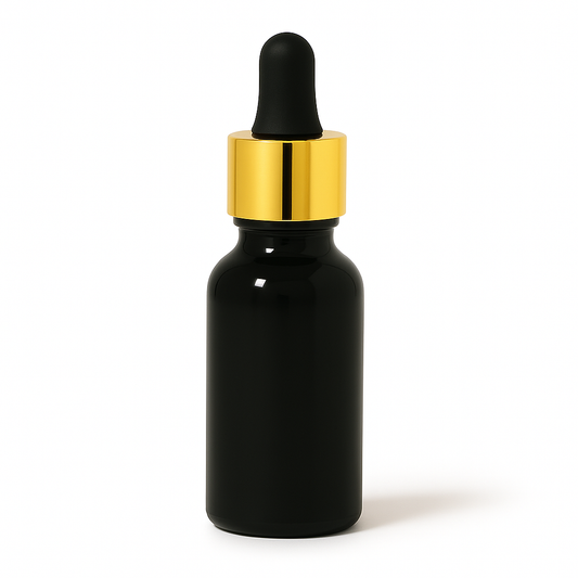Product image of Black Glass Aromatherapy Bottle 18mm Neck With Pipette Top Gold Collar Black Teat