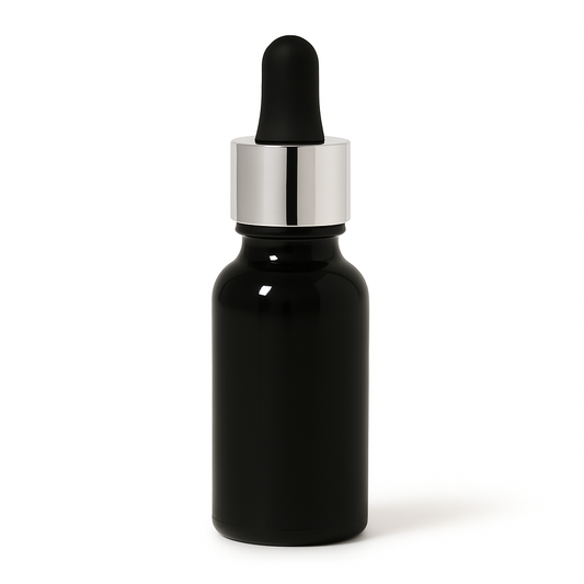 Product image of Black Glass Aromatherapy Bottle 18mm Neck With Pipette Top Silver Collar Black Teat