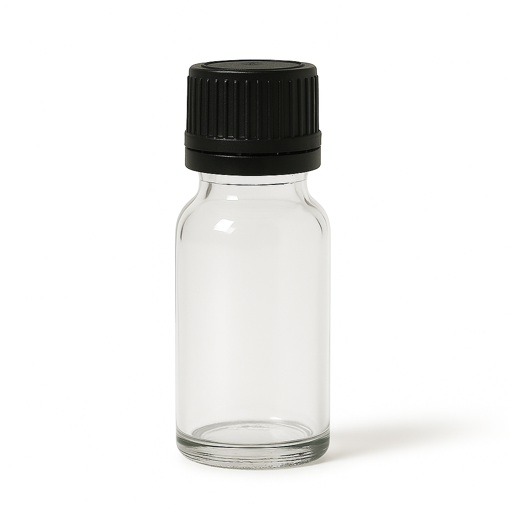 Product image of Clear Glass Aromatherapy Bottle 18mm Neck With Black Fast Flow Dropper Cap