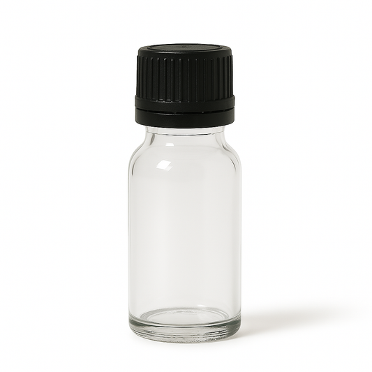 Product image of Clear Glass Aromatherapy Bottle 18mm Neck With Black Fast Flow Dropper Cap