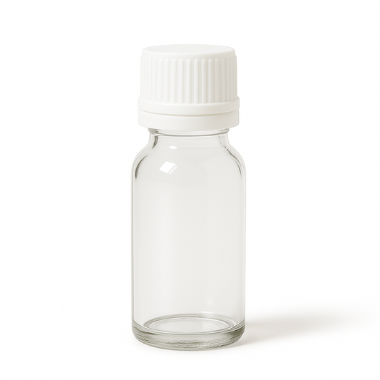 Product image of Clear Glass Aromatherapy Bottle 18mm Neck With White Fast Flow Dropper Cap