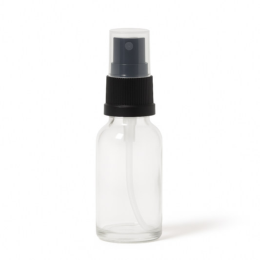 Product image of Clear Glass Aromatherapy Bottle 18mm Neck With Black Atomiser/Mist Spray Cap (18mm Neck)