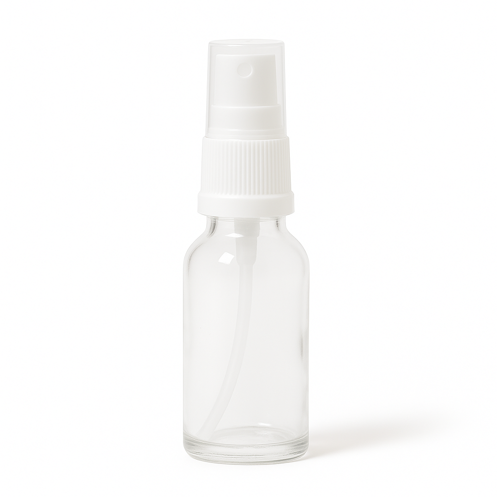 Product image of Clear Glass Aromatherapy Bottle 18mm Neck With White Atomiser/Mist Spray Cap (18mm Neck)