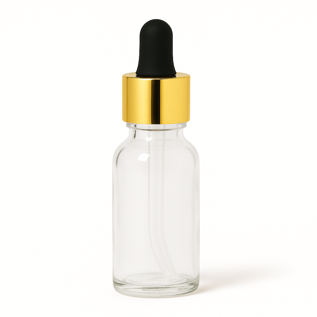 Product image of Clear Glass Aromatherapy Bottle 18mm Neck With Pipette Top Gold Collar Black Teat