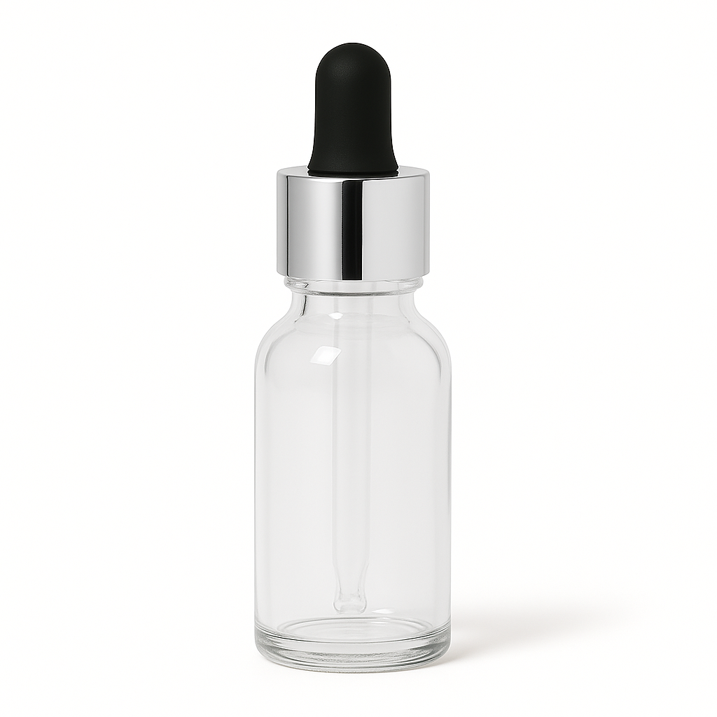 Product image of Clear Glass Aromatherapy Bottle 18mm Neck With Pipette Top Silver Collar Black Teat
