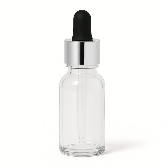 Product image of Clear Glass Aromatherapy Bottle 18mm Neck With Pipette Top Silver Collar Black Teat