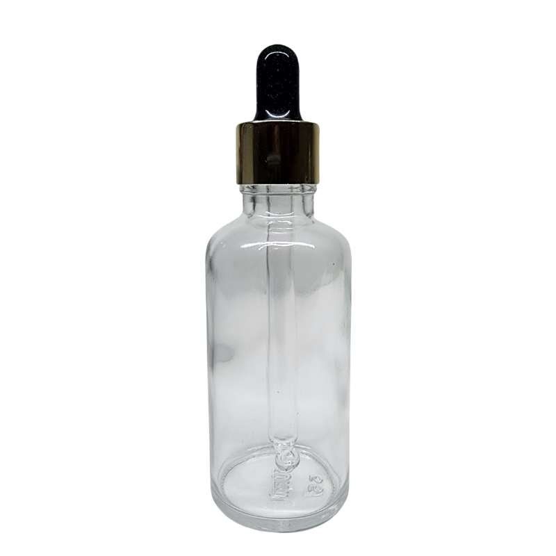 Clear Glass Aromatherapy Bottle 18mm Neck With Pipette Top Gold Collar Black Teat