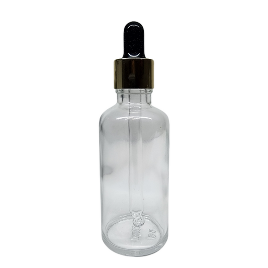 Clear Glass Aromatherapy Bottle 18mm Neck With Pipette Top Gold Collar Black Teat