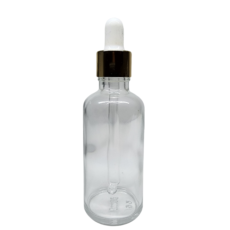 Clear Glass Aromatherapy Bottle 18mm Neck With Pipette Top Gold Collar White Teat