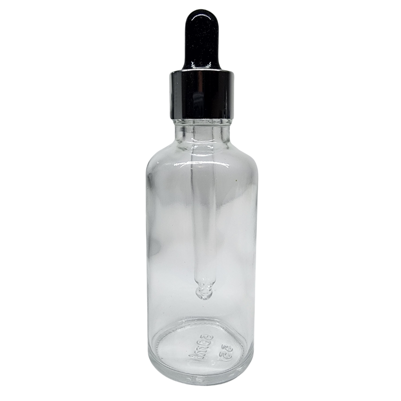 Clear Glass Aromatherapy Bottle 18mm Neck With Pipette Top Silver Collar Black Teat