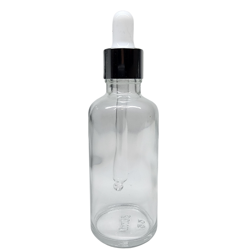 Clear Glass Aromatherapy Bottle 18mm Neck With Pipette Top Silver Collar White Teat