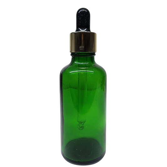 Green Glass Aromatherapy Bottle 18mm Neck With Pipette Top Gold Collar Black Teat