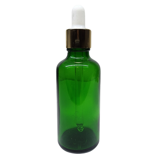 Green Glass Aromatherapy Bottle 18mm Neck With Pipette Top Gold Collar White Teat