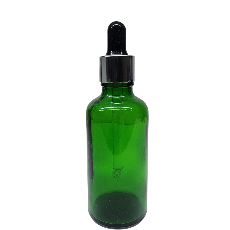 Green Glass Aromatherapy Bottle 18mm Neck With Pipette Top Silver Collar Black Teat