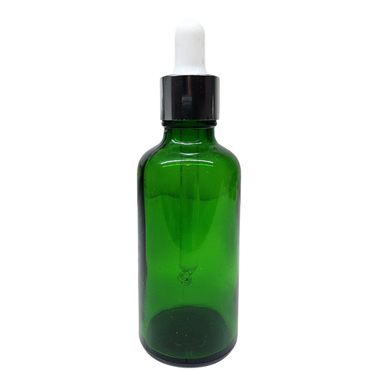 Green Glass Aromatherapy Bottle 18mm Neck With Pipette Top Silver Collar White Teat