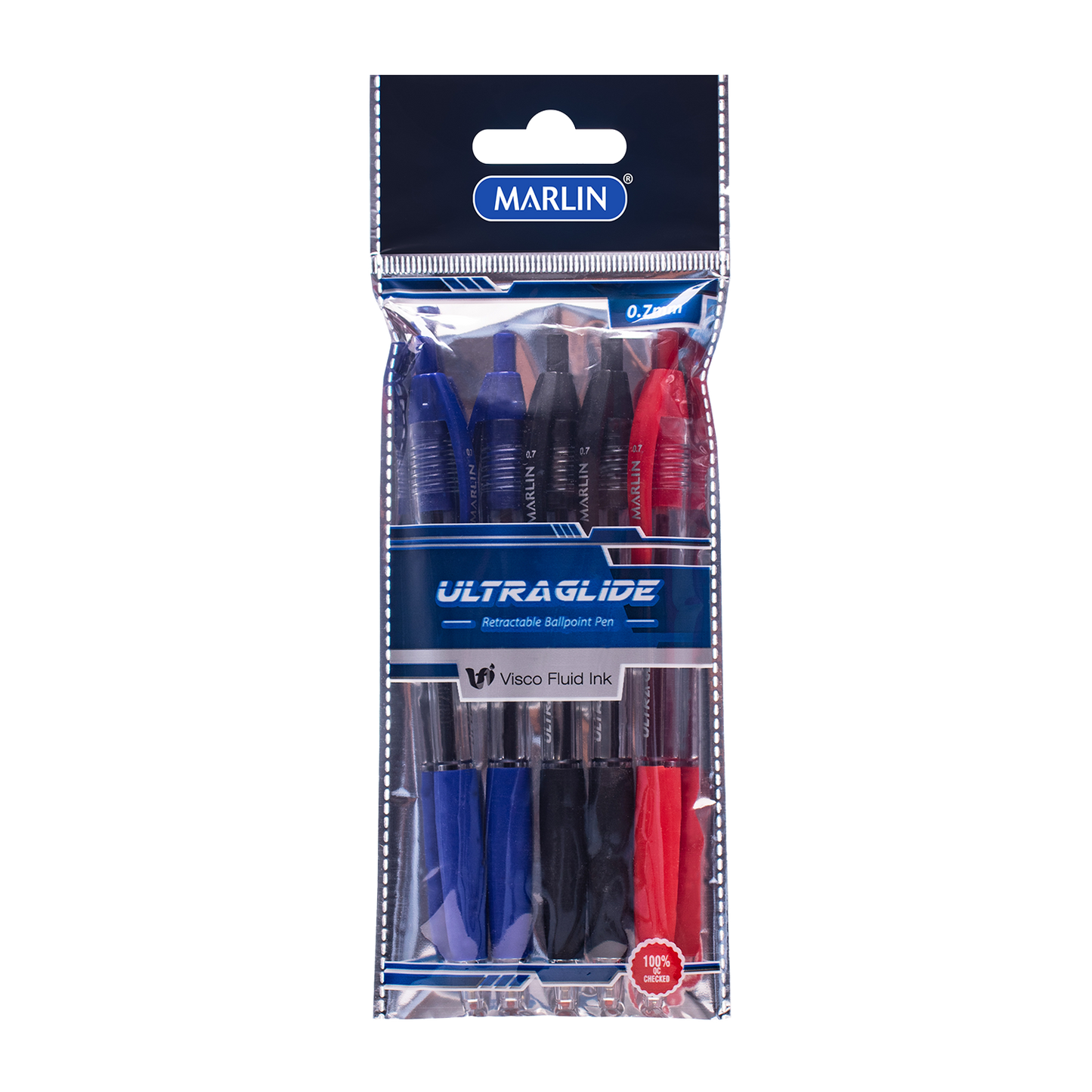 Marlin Ultraglide Retractable Pen 5's Asst 0.7mm Polybag -2 Blue,2 Black,1 Red  (SM223)